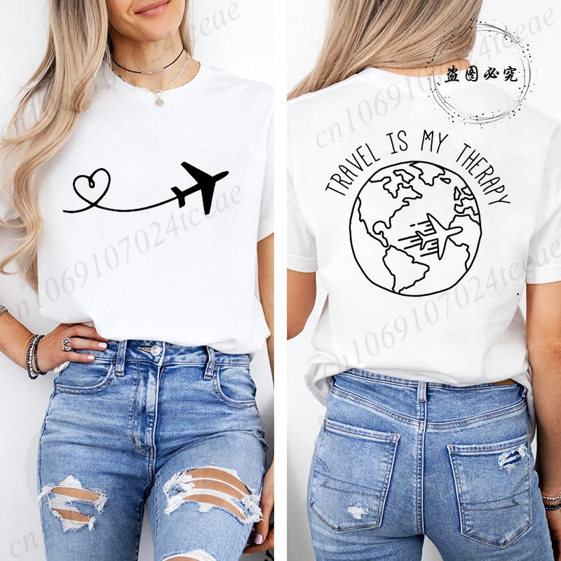 2026 Travel Is My Therapy Printed T-Shirt for Women,travel Graphic Tee Shirts  Summer Short Sleeve Tops,summer Fashion Tee T-Shirts