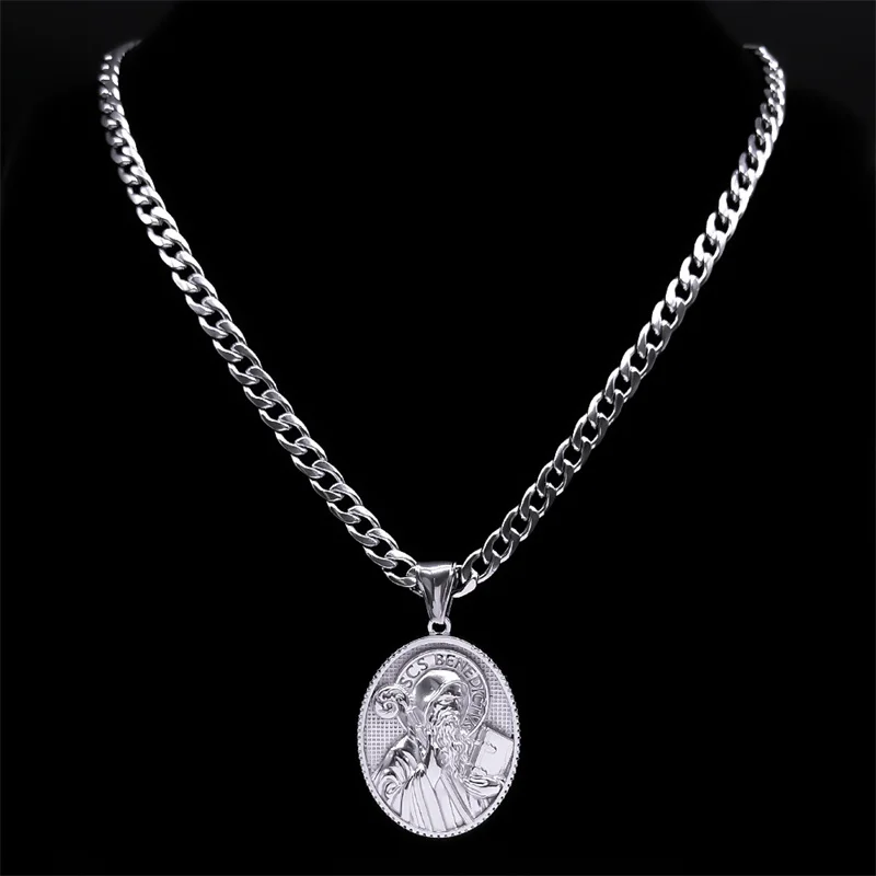 Saint Benedict Medallion Pendant Necklace Women Men Hip Hop Punk Stainless Steel Amulet Necklaces Jewelry San Benito NZZ405S05