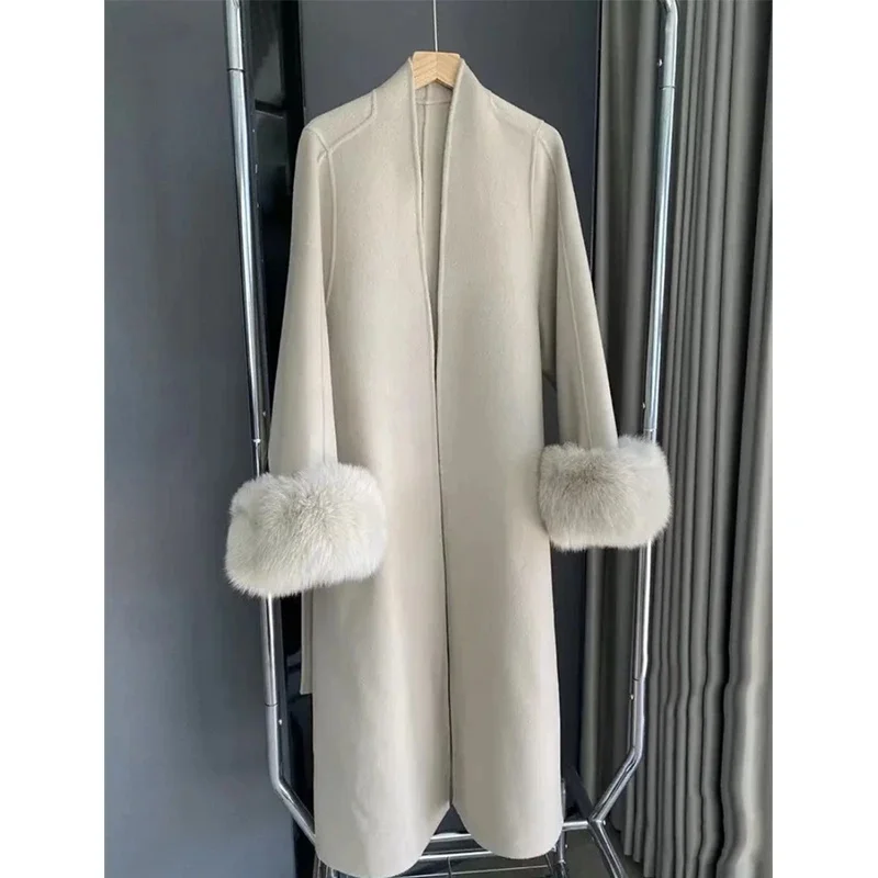 Hepburn Style Cuff Woolen Coat Women's 2025 Winter Coat New Thick Lace up Medium Long Style Ladies Style Woolen Coat Solid Color