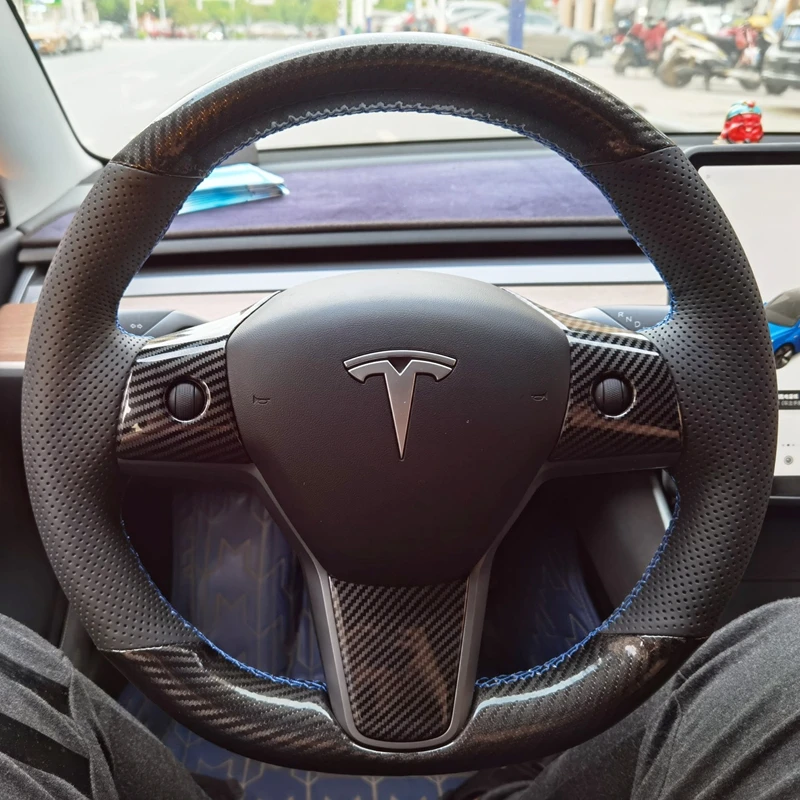 Custom Car Steering Wheel Braid Cover Carbon Fiber Genuine Leather 100% Fit For Tesla Model 3 2017 2018 2019 Car Accessories