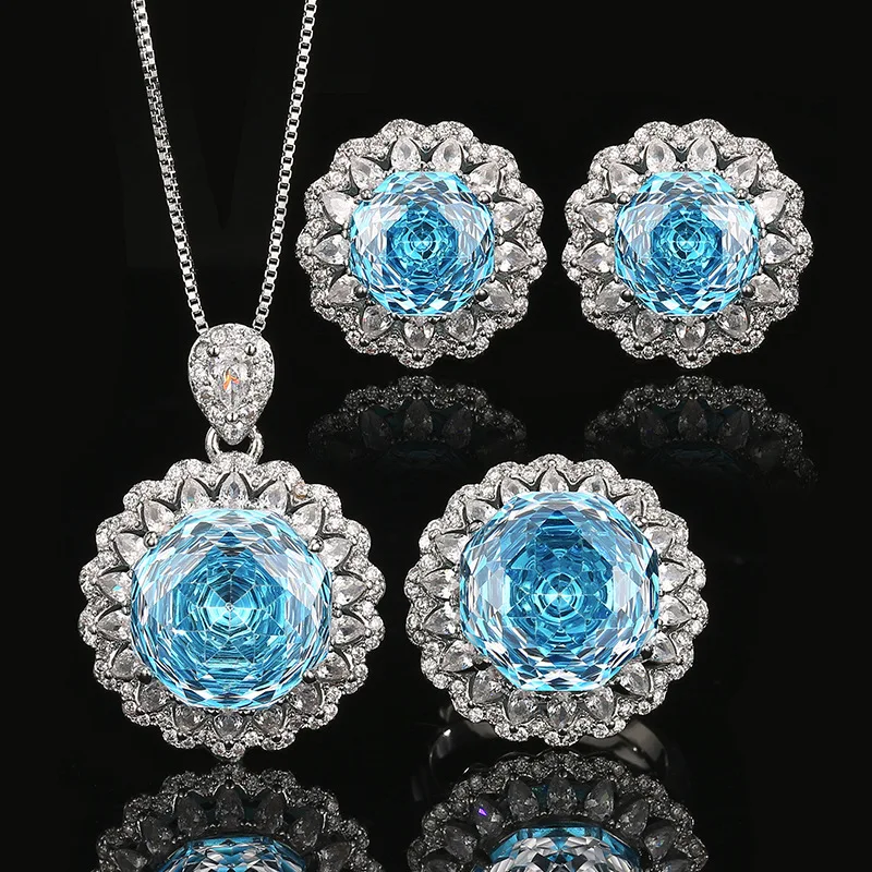 

Luxury Blue Topaz Flower Halo Jewelry for Women Round Main Stone Adjustable Ring Necklace Earrings for Party Anniversary Gifts