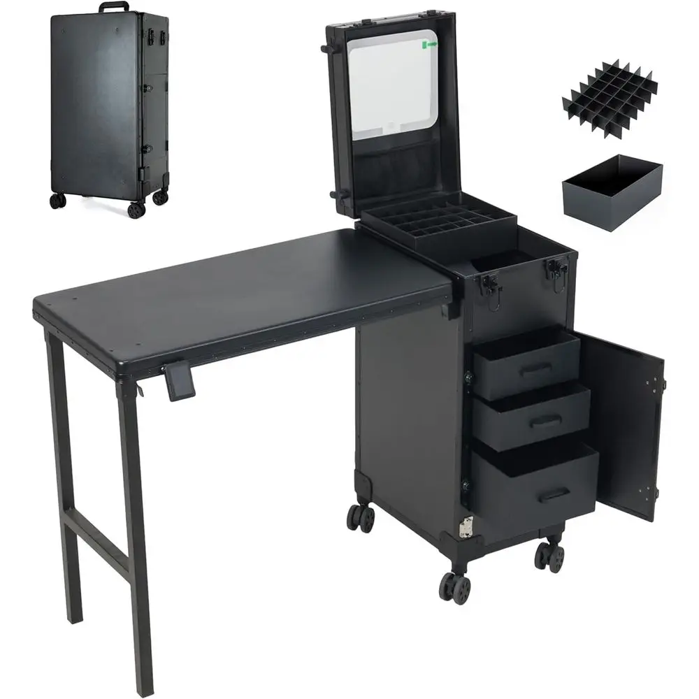 

Компактная складная станция для маникюра с LED-зеркалом и ящиками, идеально подходит для мастеров маникюра и салонов (черная)