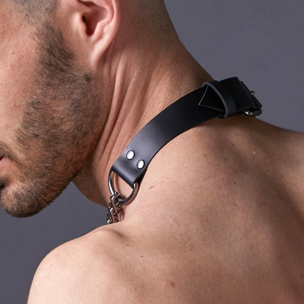 Man Harness Chain Collar PU Leather Handmade Punk Style Neck Necklace Bondage Fetish Gay Lothing Adjustable Accessorie