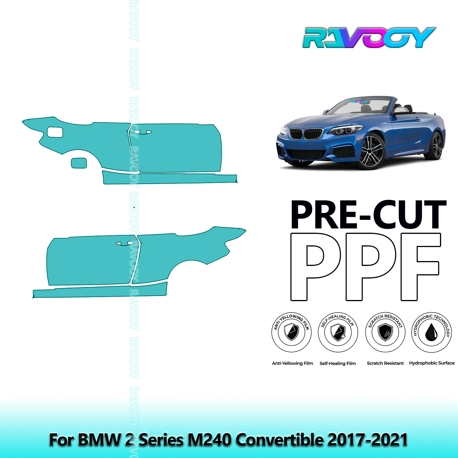 

For BMW 2 Series M240 Convertible 2017-2021 8.5mil Clear Matte Pre-Cut PPF Door &amp; A/B Pillar Kit TPU Paint Protection Film Set