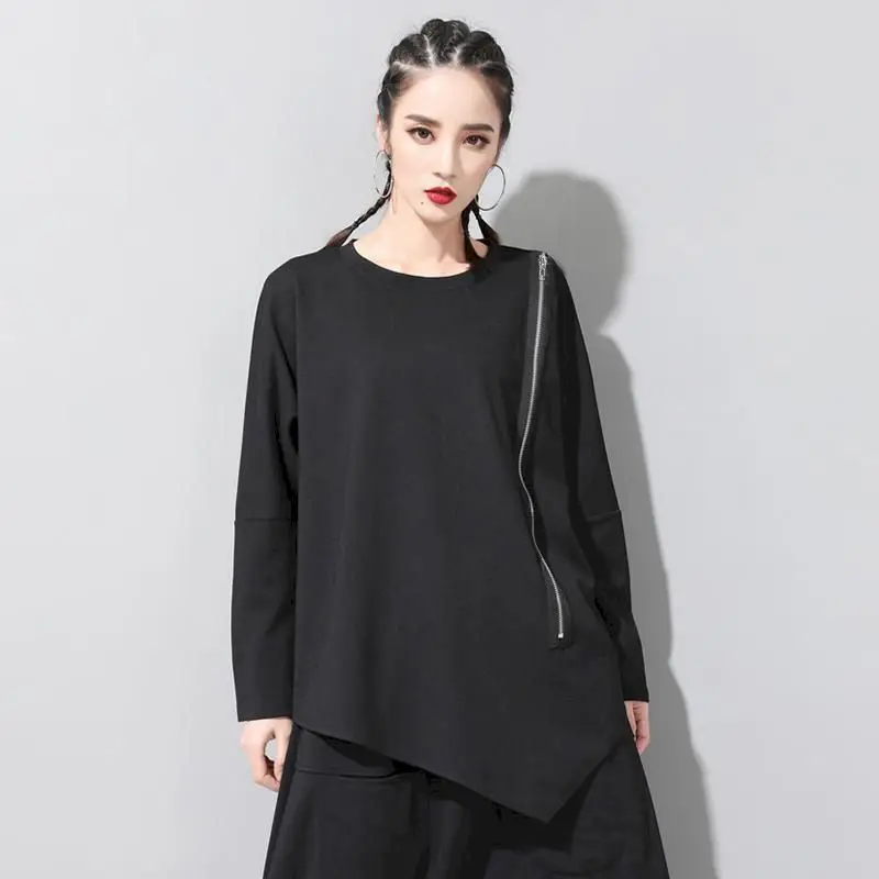 

Fashion Irregular Zip Up Pullover Women Dark Long Sleeve Oversize Tshirt Harajuku Top Spring Summer Trend Pullover Womens Tshirt