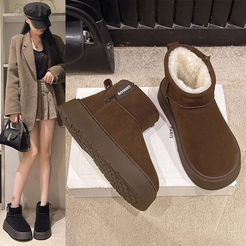 Botas de tornozelo de inverno da moda feminina, novos sapatos de sola grossa, botas quentes femininas clássicas