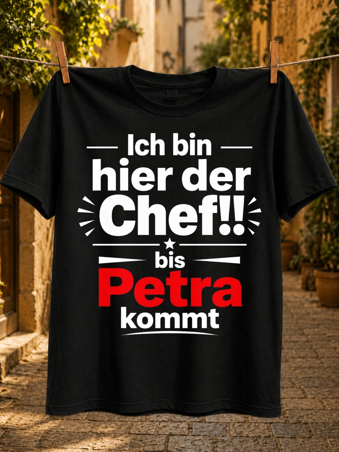 Je suis le patron jusqu'à ce que Petra arrive - Typographie minimaliste et rouge de blagues de patron allemands avec un style net et audacieux - T-shirt unisexe
