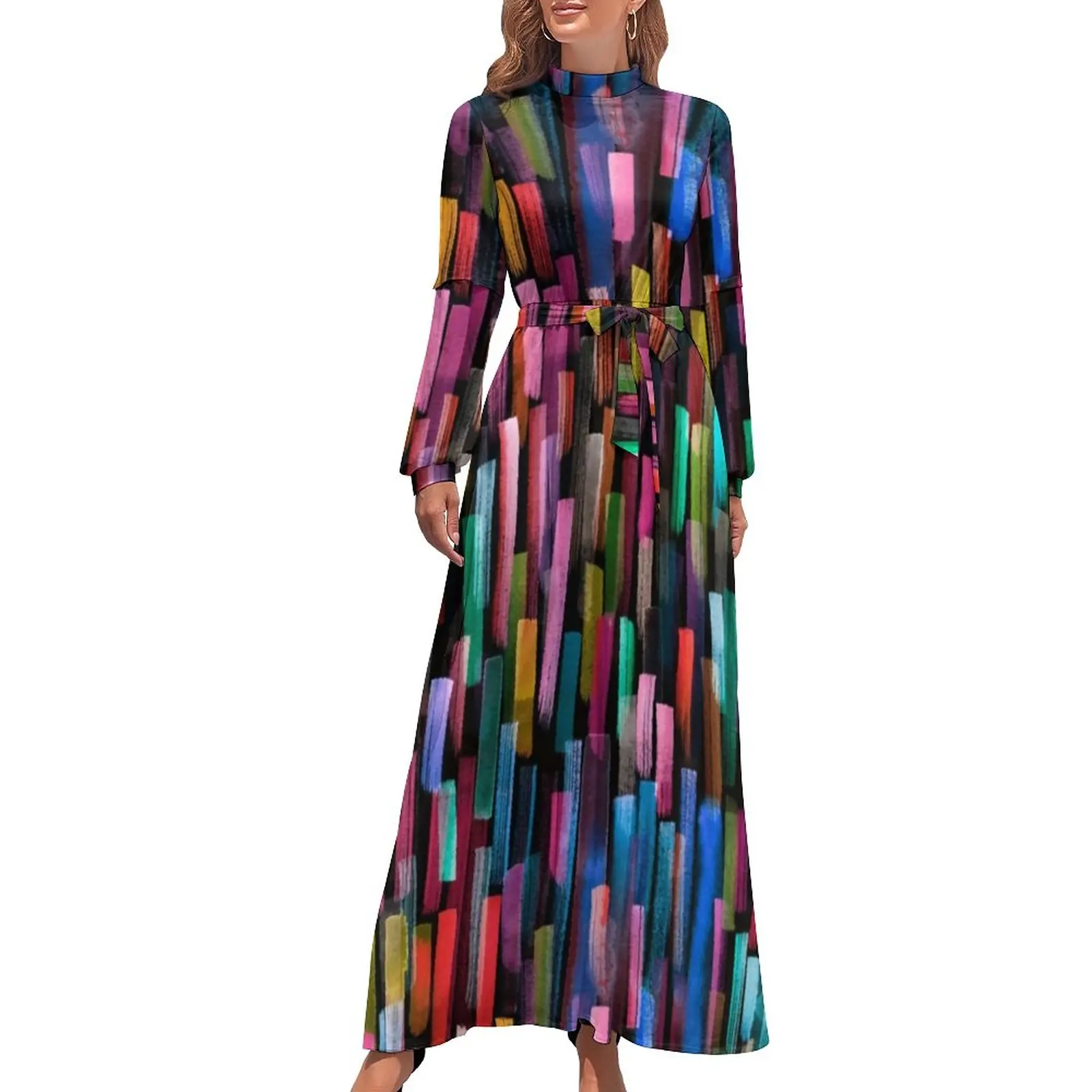 

Abstract Geometry Dress Watercolor Stripes Print Korean Fashion Boho Beach Dresses Long Sleeve High Neck Party Long Maxi Dress