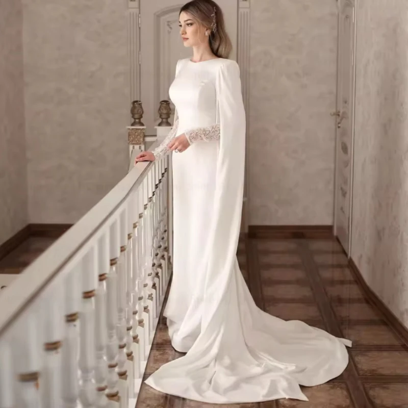 

Muslim Wedding Dresses 2025 Fashion Ivory O-Neck A-line Lace Full Brush Train Mermaid Brides Dress robe de mariée Customized