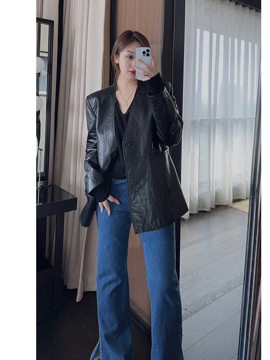

OSENSO Slim Fit Long Leg Bell Bot Jeans Faion Side Slit High Waist Blue Denim Early Autumn Trendy Leggings
