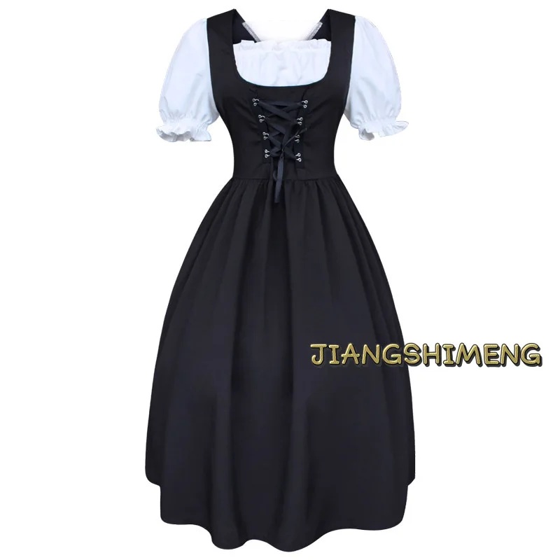 Vintage Black White Dress for Women Medieval Drawstring High Waist Large Swing Performance Dress Stitching Maid Cosplay Costume