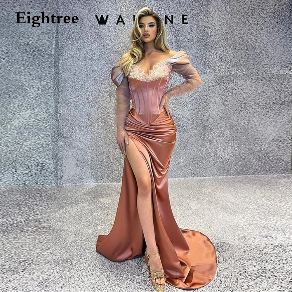 

Eightree Sexy Mermaid Prom Dress Satin Off The Shoulder High Slit Pleat Appliques Evening Dress Vestido De Noche Party Grown