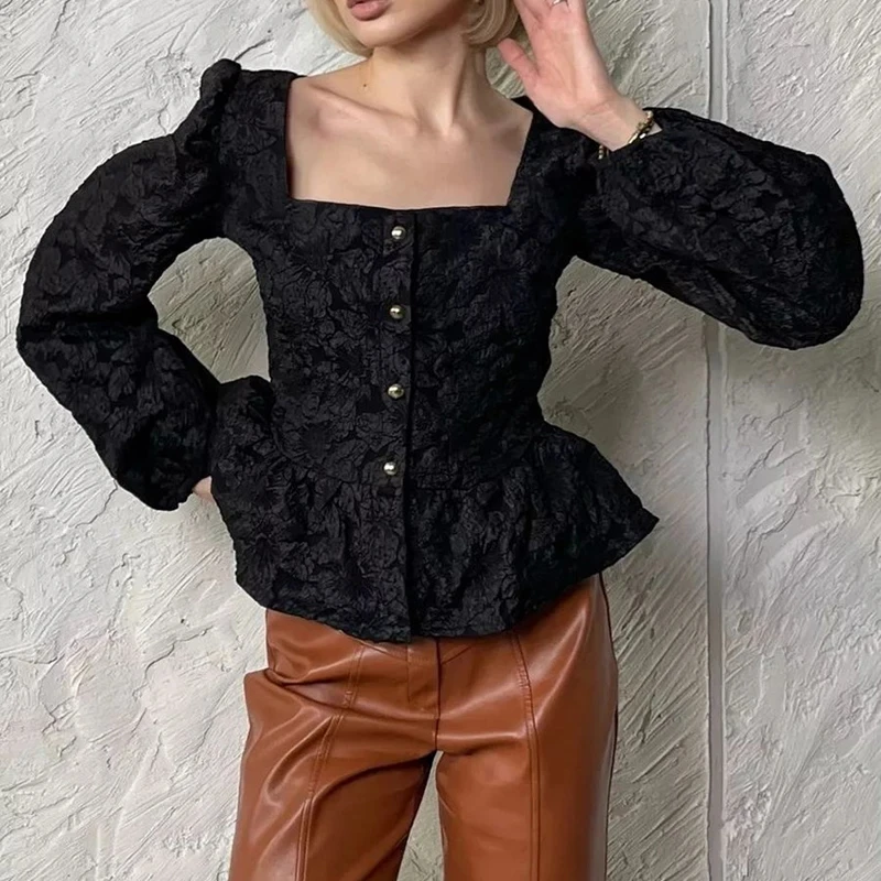 

Casual Pure Long Sleeve Commute Women's Shirts Fashion Single Breasted Jacquard Lady Blouse Temperament Square Collar Loose Tops