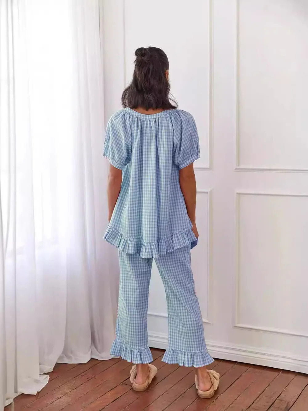 Hot Sale Pure Cotton Plaid Pattern Pajama Set Ruffle Design Shirt Casual Style Soft  Comfortable Loungewear Sleepwear For Women