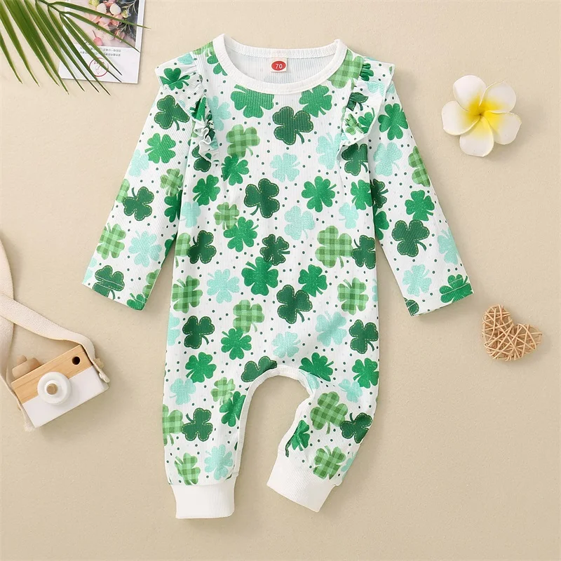 Toddler Boys St Patrick s Day Outfit Long Sleeve Crew Neck Shamrock Print Ruffle Decor Romper with Hat