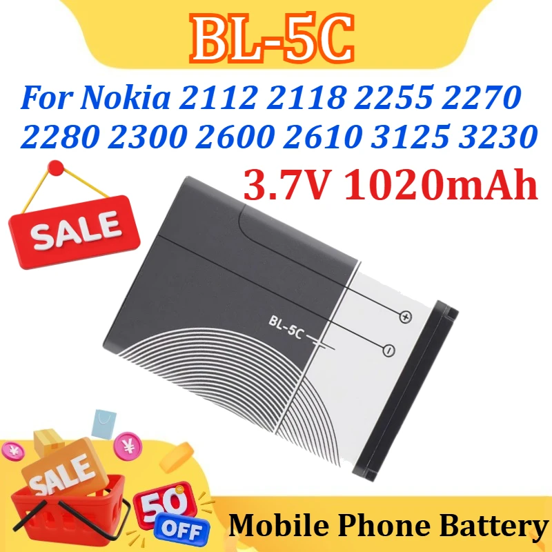 

3.7V 1020mAh Battery BL-5C BL5C BL 5C Rechargeable Batteries For Nokia 2112 2118 2255 2270 2280 2300 2600 2610 3125 3230