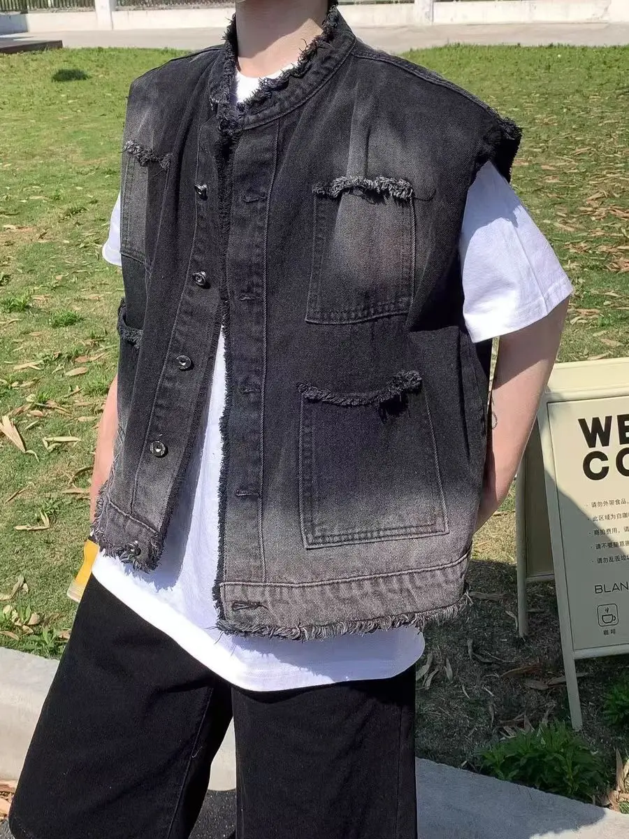Протой крутой джинсовый жилет, дизайнерский жилет, летний высококачественный жилет без рукавов в корейском стиле с бахромой в стиле ретро, свободный Протой крутой джинсовый жилет, дизайнерский жилет, летний высококачественный жилет без рукавов в корейском стиле с бахромой в стиле ретро, свободный
