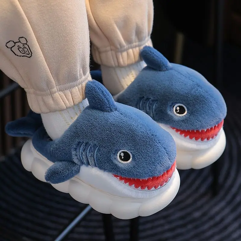 Newest 2023 Cute Shark Slippers Kids Shoes Boys Comfy Home Fluffy Slides Babi Cartoon Animal Fur Shoes EVA Cloud Platform