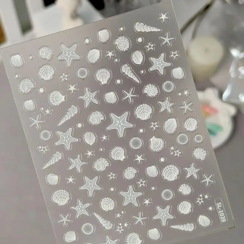 Sommer Strand Nagelaufkleber 5D Geprägte Seestern Muschel Aurora Nagelkunst Abziehbilder Niedliches Ozean-Thema Maniküre Dekoration Urlaub Y2K – Detail 7