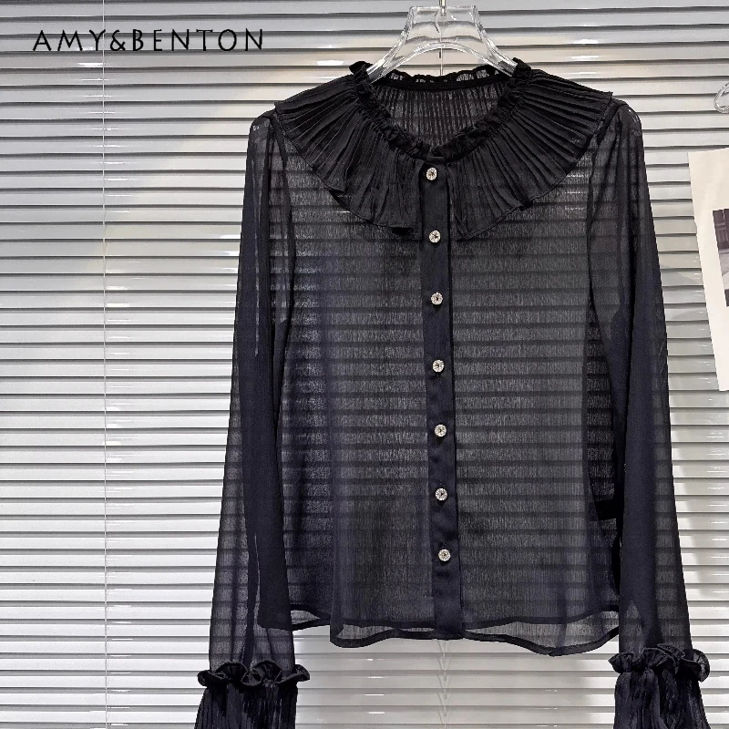 

Новая женская блузка из шифона с длинным рукавом, французский стиль, с драпировкой, воротником «Питер Пэн», однотонная, весна 2026