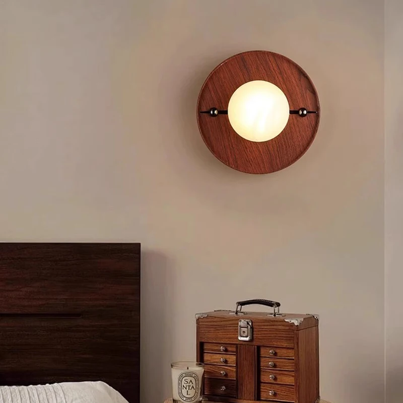 Natural Marble Wall Light Retro Dark Walnut Finish Wall Lamp Living Room Bedroom Room Decoration Wall Lamp Corridor Mood Light