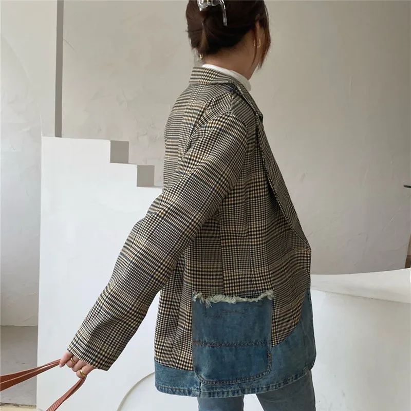 Autumn Fashion Denim Spliced Plaid Blazer Coat Women Big Pocket Jeans Patchwork Suit Jacket Female Loose Casual Mid Long Blazers