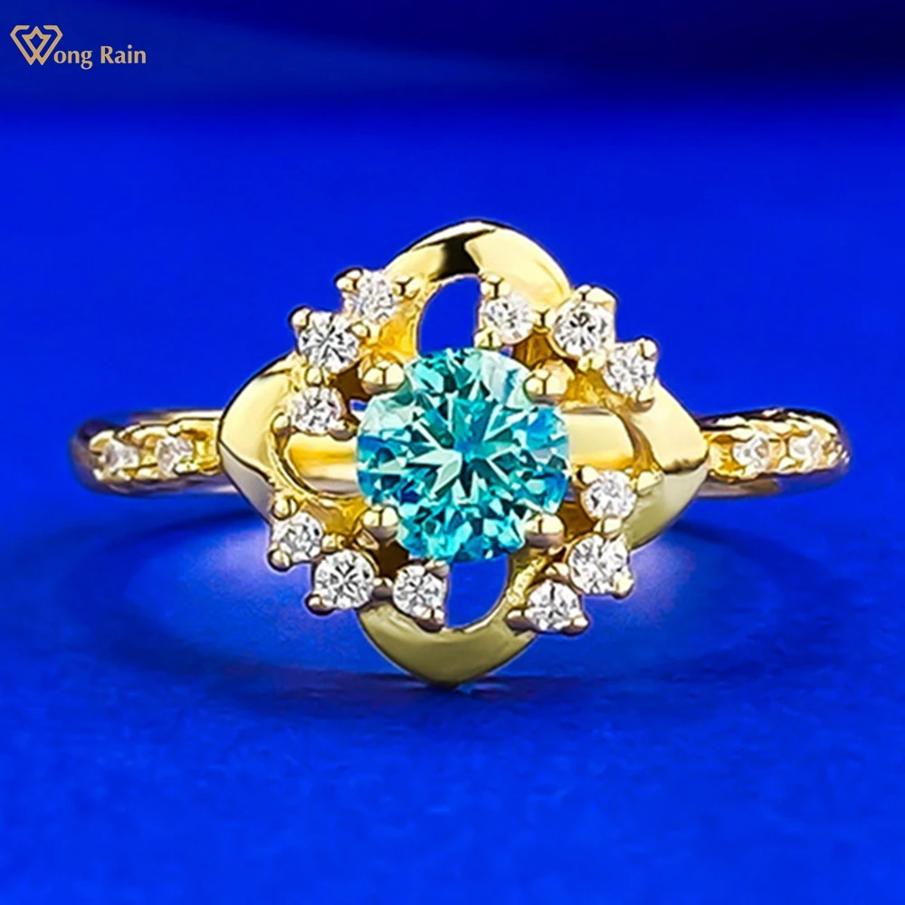 

Wong Rain 925 Sterling Silver Round Cut 5 MM Paraiba Tourmaline High Carbon Diamond Gems Engagement Ring for Women Fine Jewelry