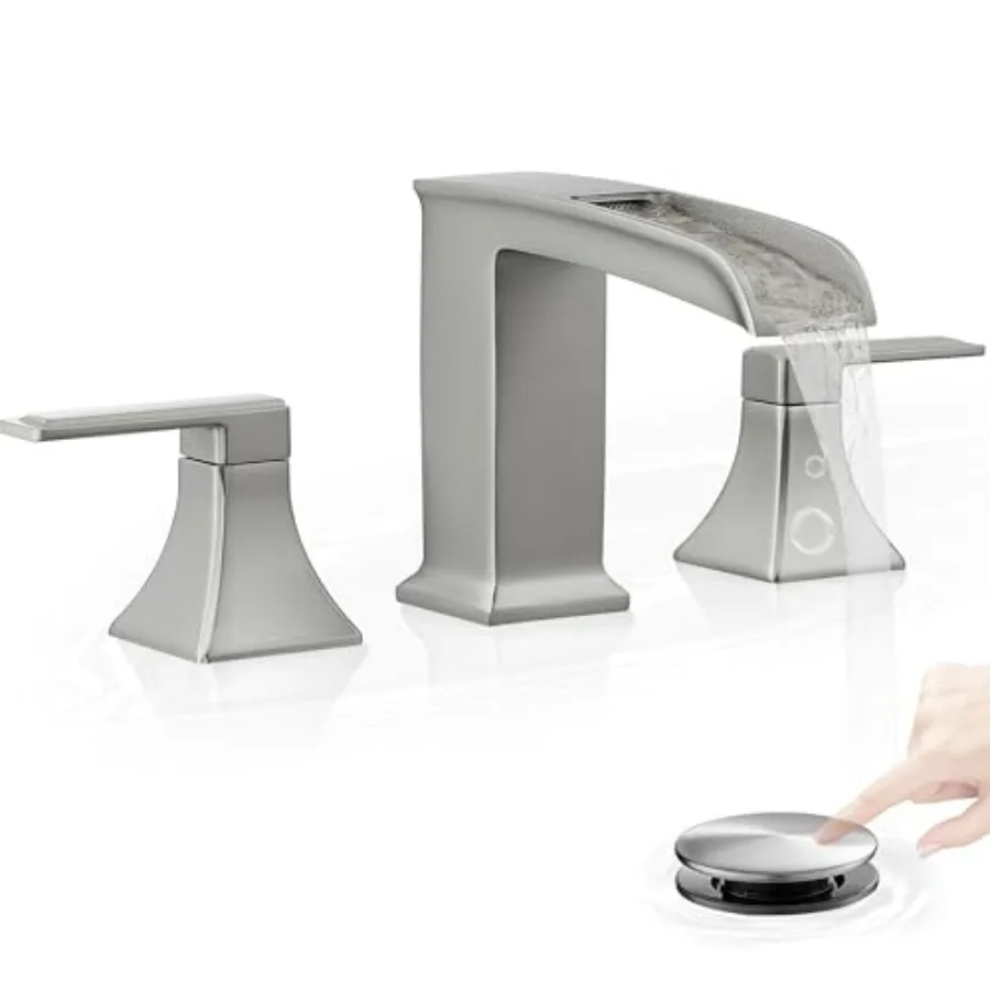 

Bathroom sink faucet brass brushed nickel modern waterfall design with 2 handles 3-hole setup pop-up drain and supply hoses