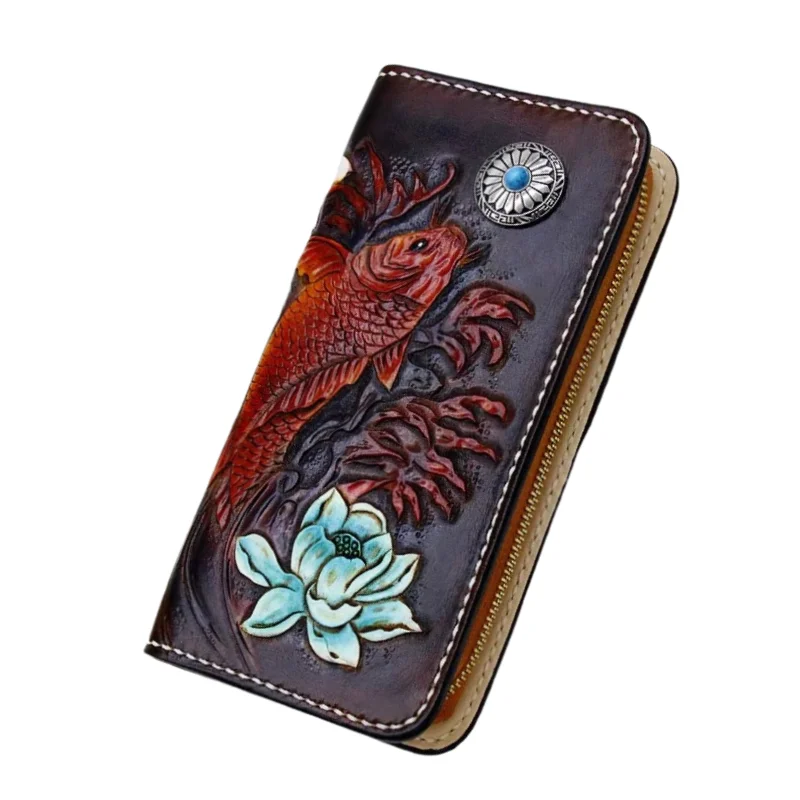 

Hand-carved Cryprinus Carpiod Turquoise Design Wallets Bag Purses Men Long Clutch Vegetable Tanned Leather Free Engraving