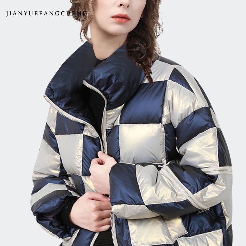 Fashion Blue-white Checked Women' Winter Down Jacket Warm Thicken Bread Coat Loose-fitting Stand-Up Collar Croatian Style Jacket