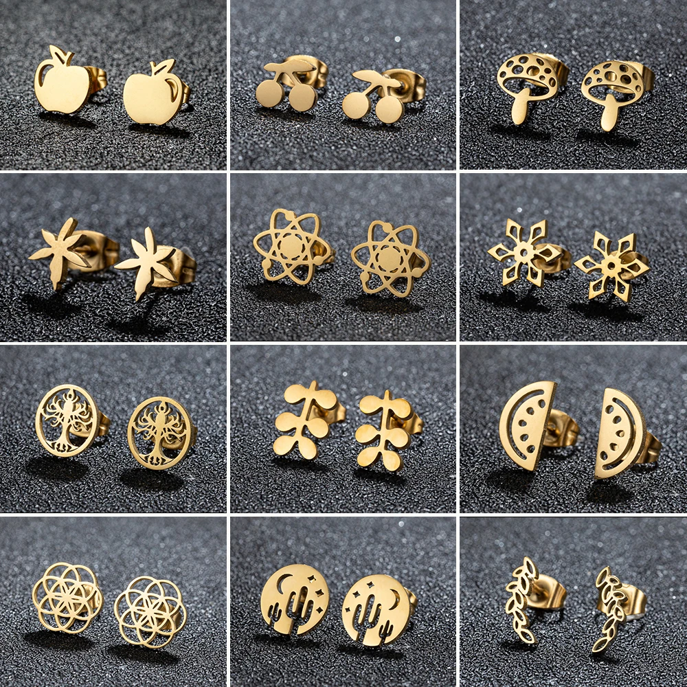 Vintage Stainless Steel Golden Earrings Girl 2024 Trend New Fashion Hollow Leaves Stud Earrings For Women Jewelry Party Gifts