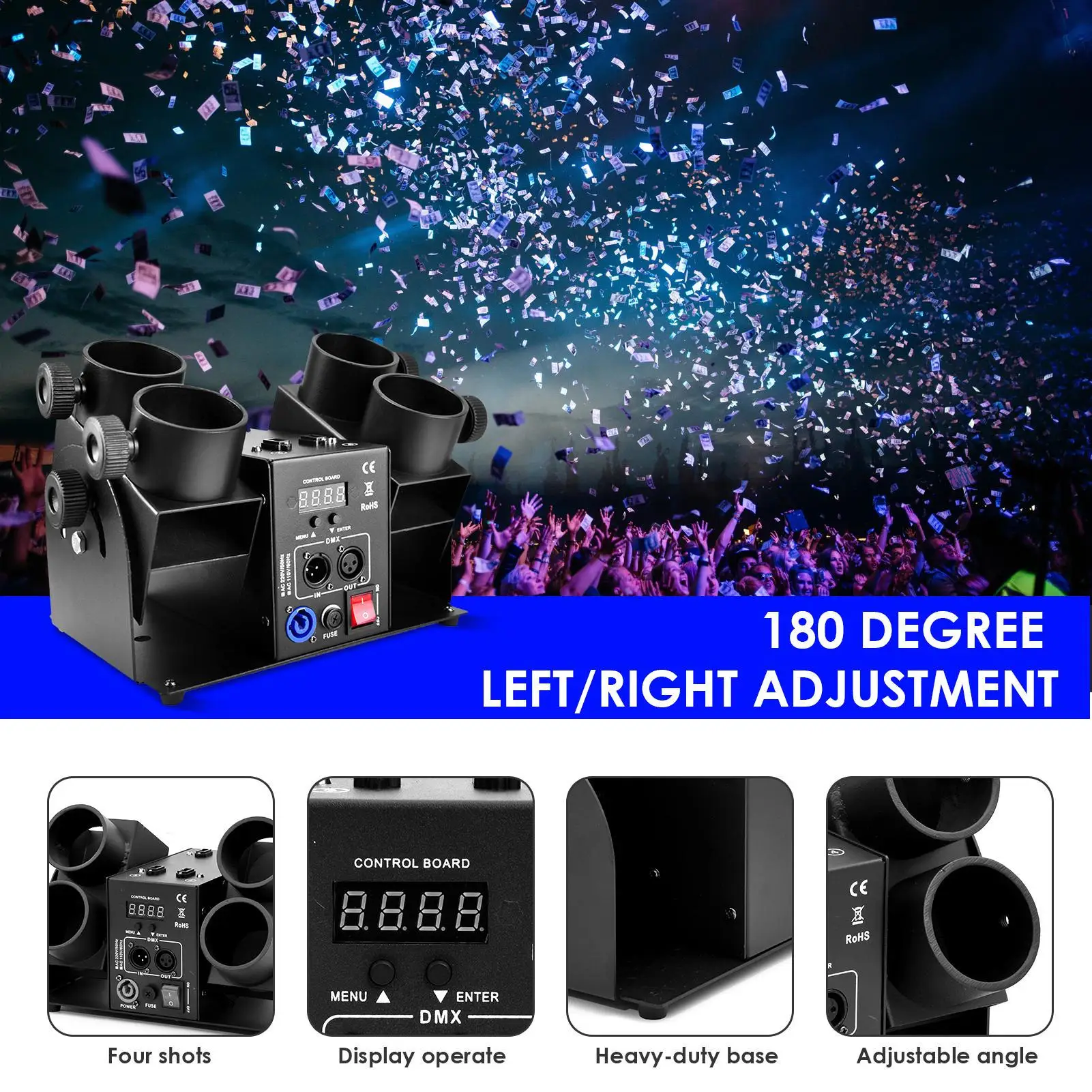 Machine à confettis, machine à confettis électrique DMX à 4 têtes, tubes de confettis puissants, popper à confettis réglable