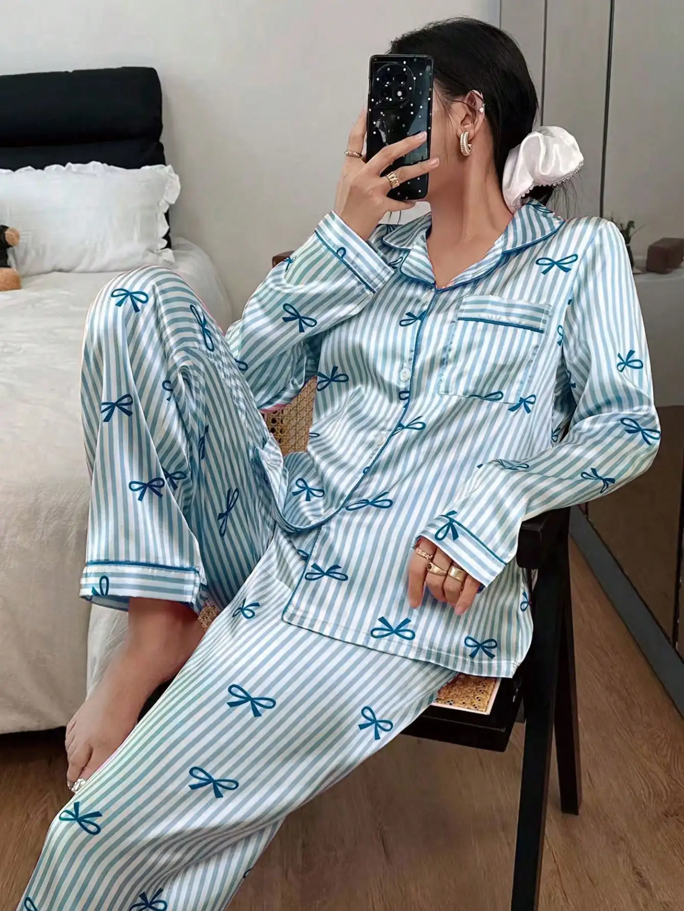 

Women Pajamas Soft Satin Striped Bow Print Pajama Set For Women Long Sleeve Lapel Top And Long Pants For Relaxed Wear Loungewear