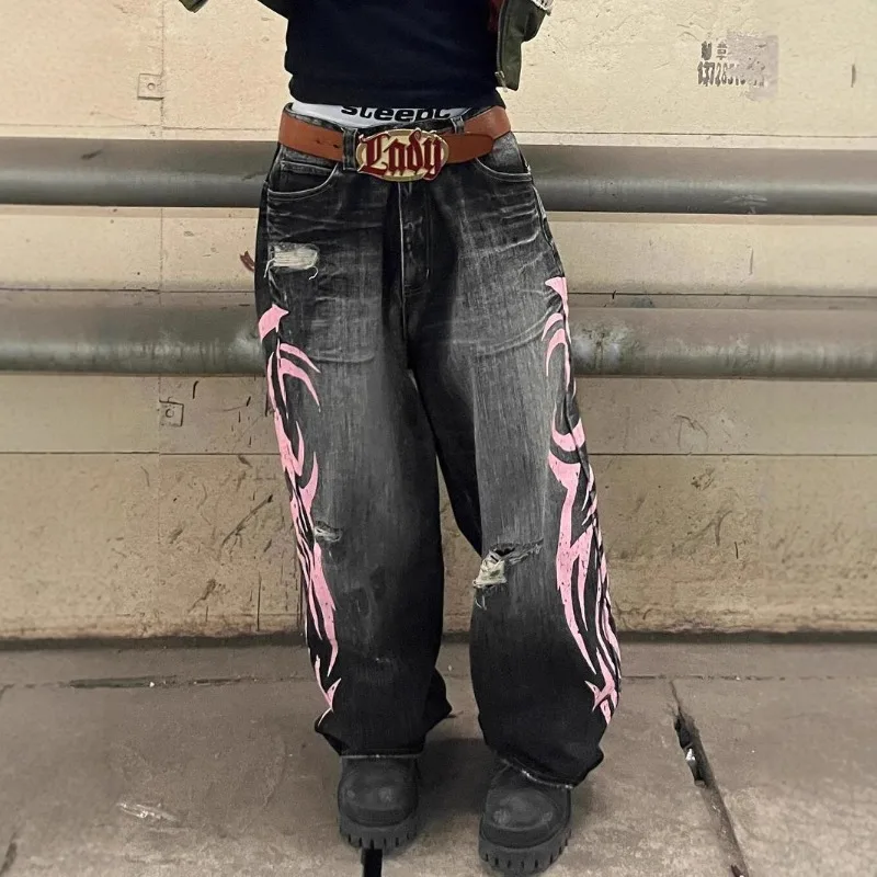 Washed Hip Hop Streetwear Spicy Wide-legged Pants Comfortable Spring Autumn Double Pockets Women's Vintage Graphic Prints