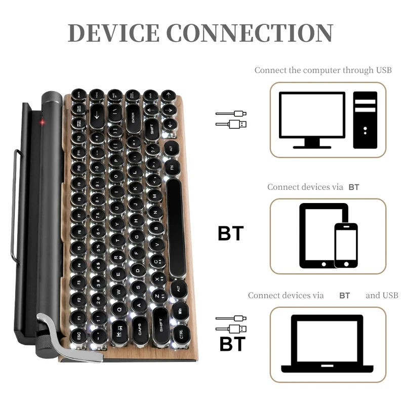 Keyboard Bluetooth nirkabel, Keyboard mesin tik Retro, nirkabel, Keyboard Bluetooth, USB, perangkat Multi koneksi, tombol Punk untuk Desktop PC/ponsel