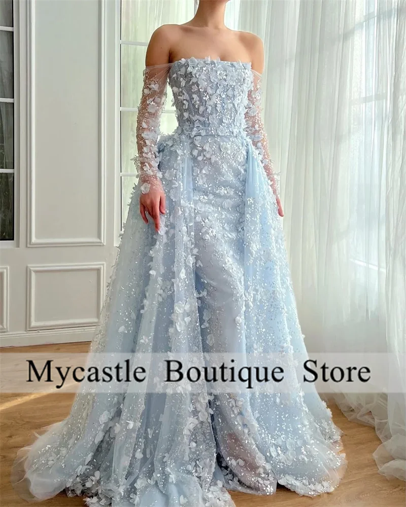 

Blue Lace Appliques Evening Dresses 2025 With Detachable Train Beaded Off Shoulder Formal Occasion Gown Prom Dress Customized