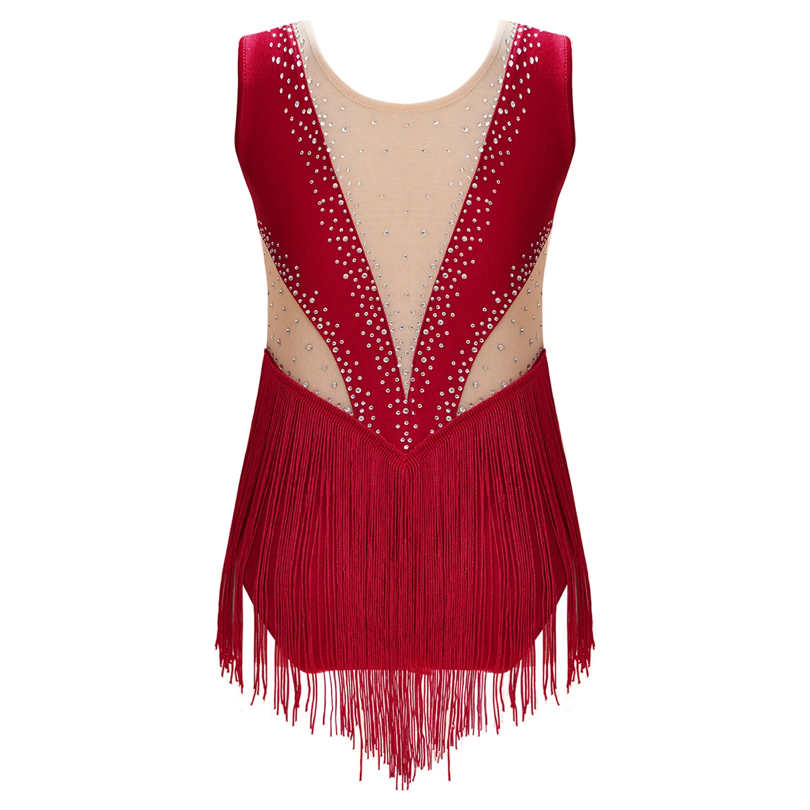 Kids Girls Latin Dance Figure Skating Performance Costume Shiny Rhinestone Fringed Leotard Sheer Mesh Patchwork Tassel Bodysuit