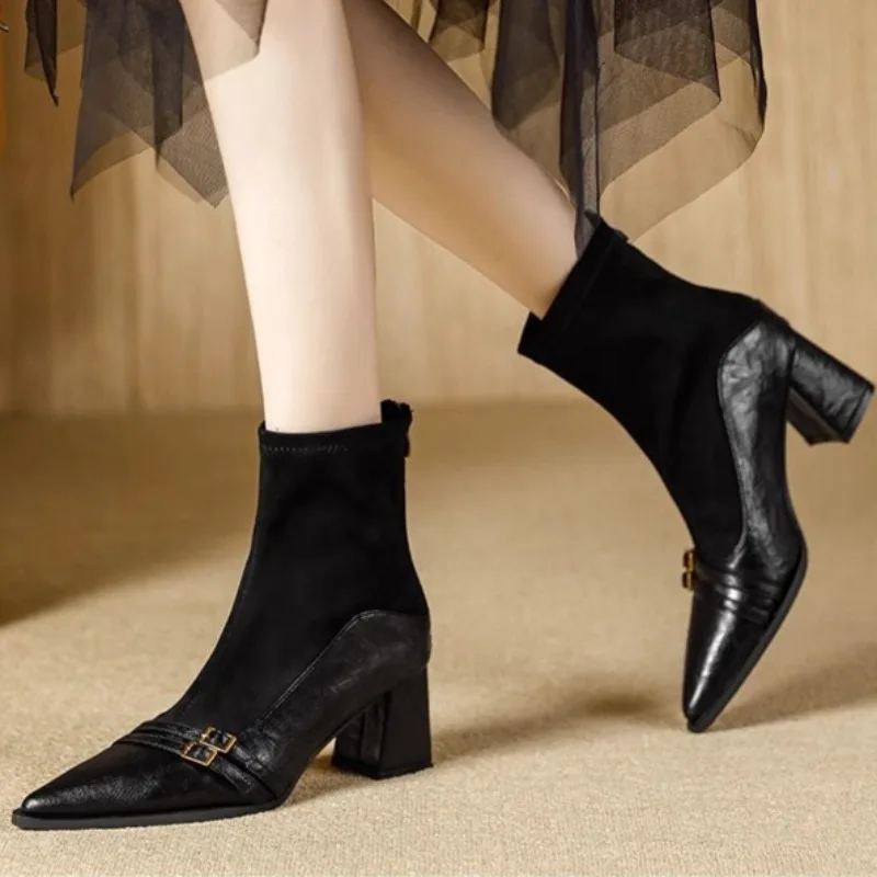 

Brand Pointed High Heel Ankle Boots Women 2025 New Autumn Metal Decoration Square Heel Zipper Ladies Chelsea Boots 35--40