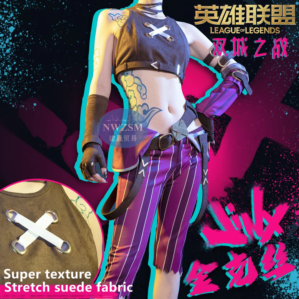 Costume de Cosplay Arcane Jinx pour femmes, ensemble complet avec perruque, haut et pantalon Sexy pour Halloween