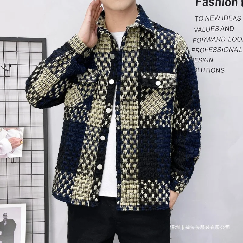 

Мужская вязаная рубашка в клетку контрастных цветов, толстое пальто, тибетская зеленая клетка