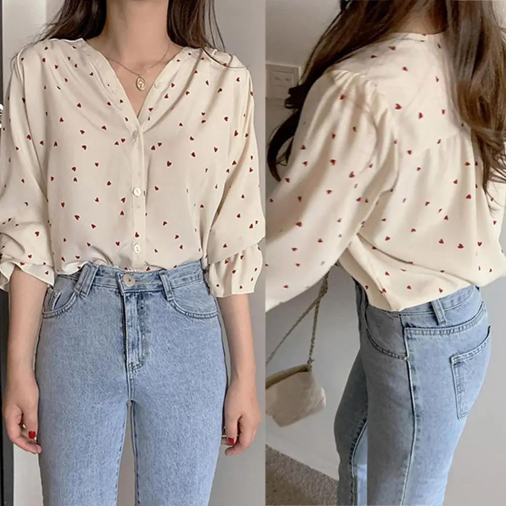 Korean Style Women Chiffon Blouses Heart Print Loose Button Up Shirt Women V Neck Long Sleeve Casual Blouse Office Ladies Shirt