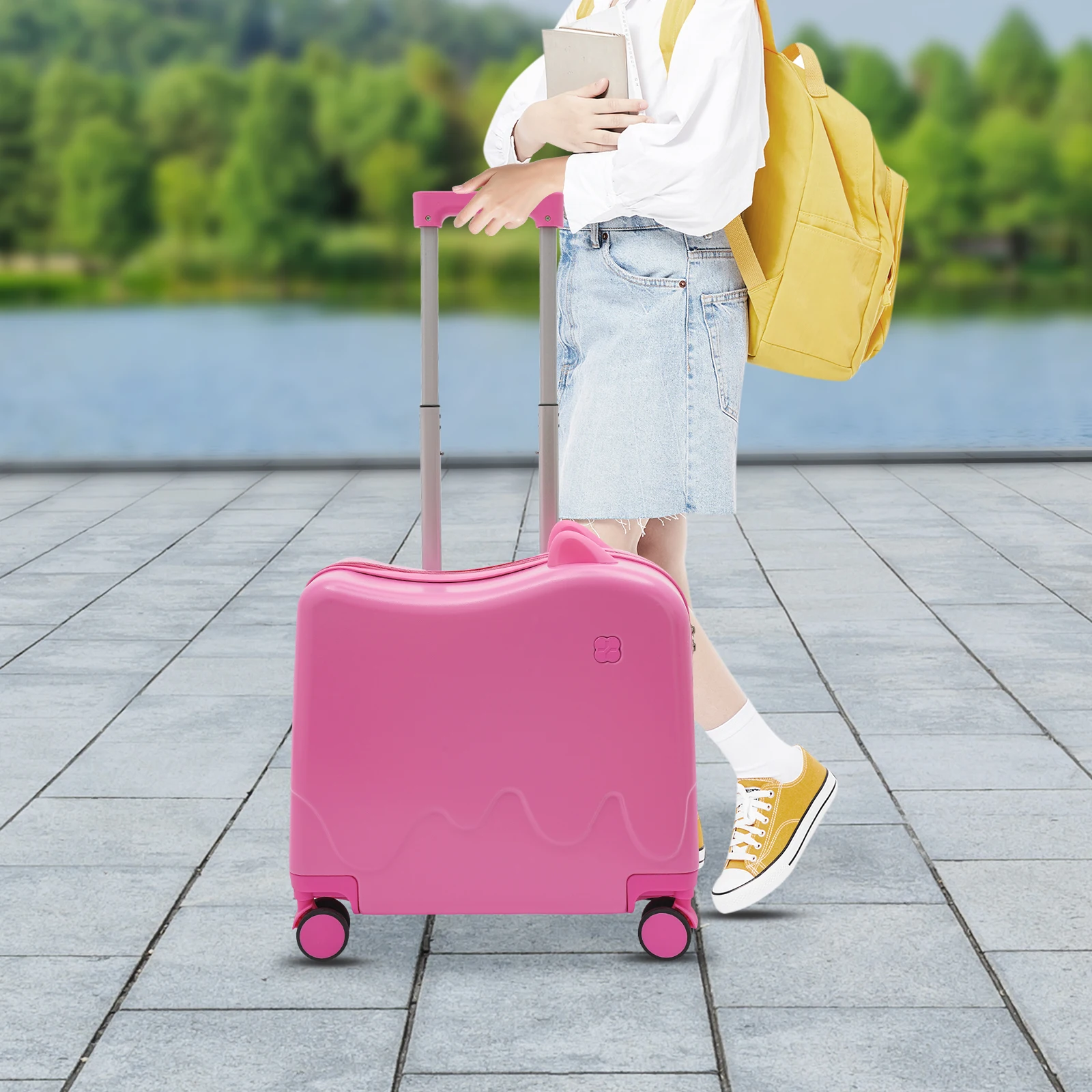 

18" Kids Ride-On Suitcase,Pink Children's Luggage Case, Rolling Luggage Built-in Password Lock with Four Silent Universal Wheels