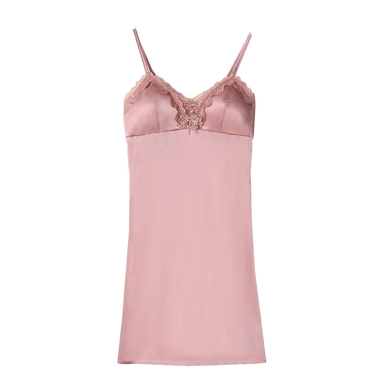 Solid Color Bow Women's Summer Dress 2025 New Sexy Ice Silk Thin Suspender Night Dress with Chest Cushion Satin Female Clothing