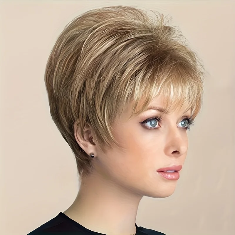 10-inch light gold short fashion ladies synthetic wig, straight short golden polyester hair with rose net