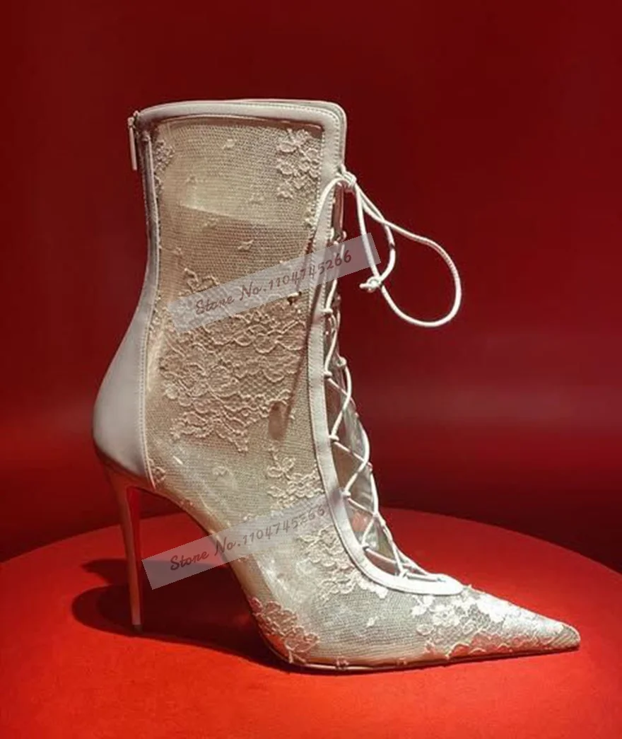 White Lace Flowers Mesh Ankle Boots Pointed Toe Stiletto Heel Front Lace Up Booties Floral Embroidered Wedding Bridal Shoes