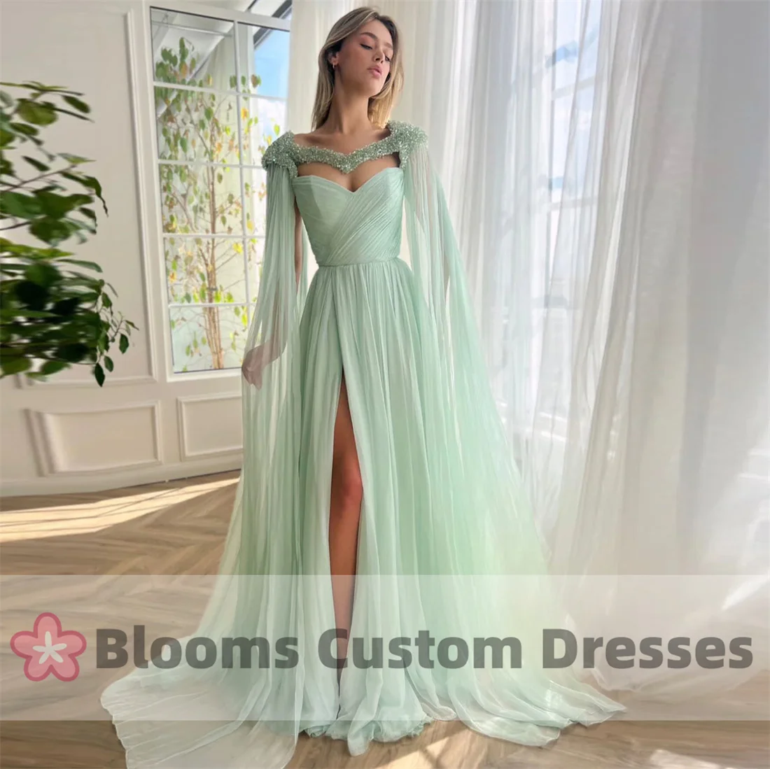 

Blooms Exquisite Beaded Cape Sleeves Tulle Prom Dress A-Line Draped Evening Dress 2024 Party Gown Homecoming Dress