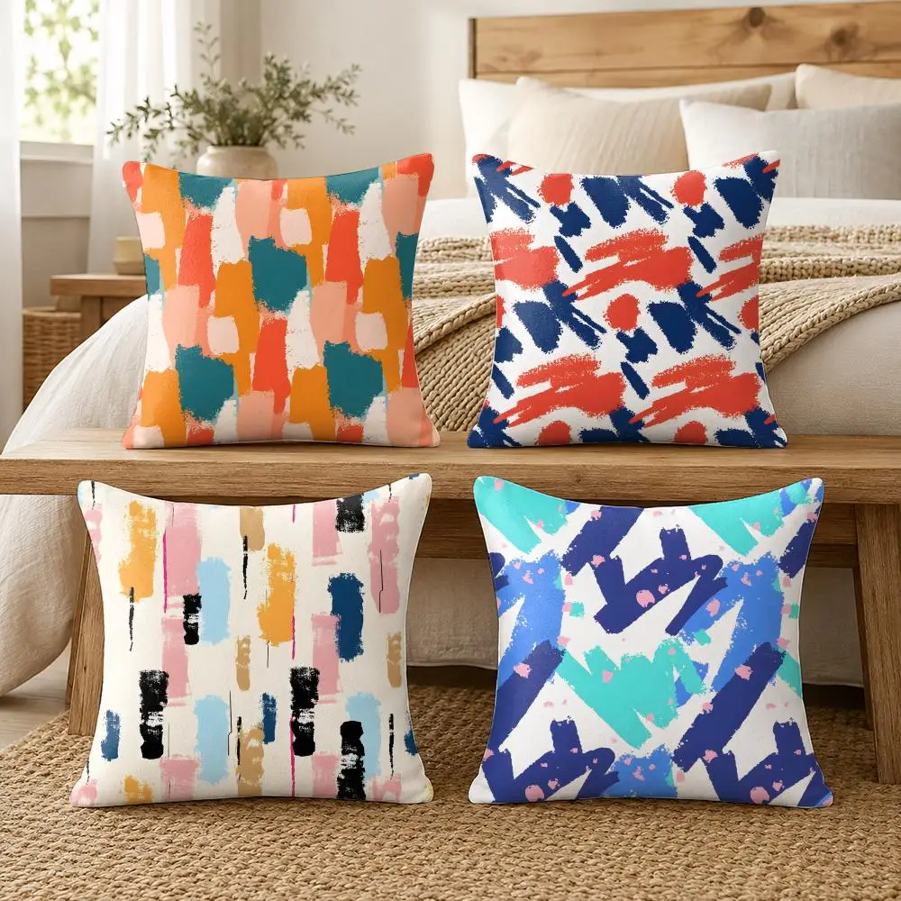 Abstract Brush Stroke Prints Cushion Cover Silky Short Plush Invisible Zipper Dustproof Sofa Pillow Case For Home Decor