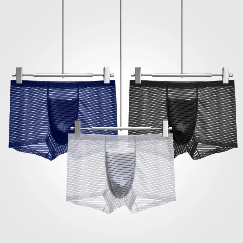 3 قطع ملابس داخلية رجالية شبكية مضادة للبكتيريا، سراويل رجالية بدون خياطة بأربعة زوايا من الحرير الجليدي، رفيعة بدون خياطة صيفية قابلة للتنفس بزاوية مسطحة