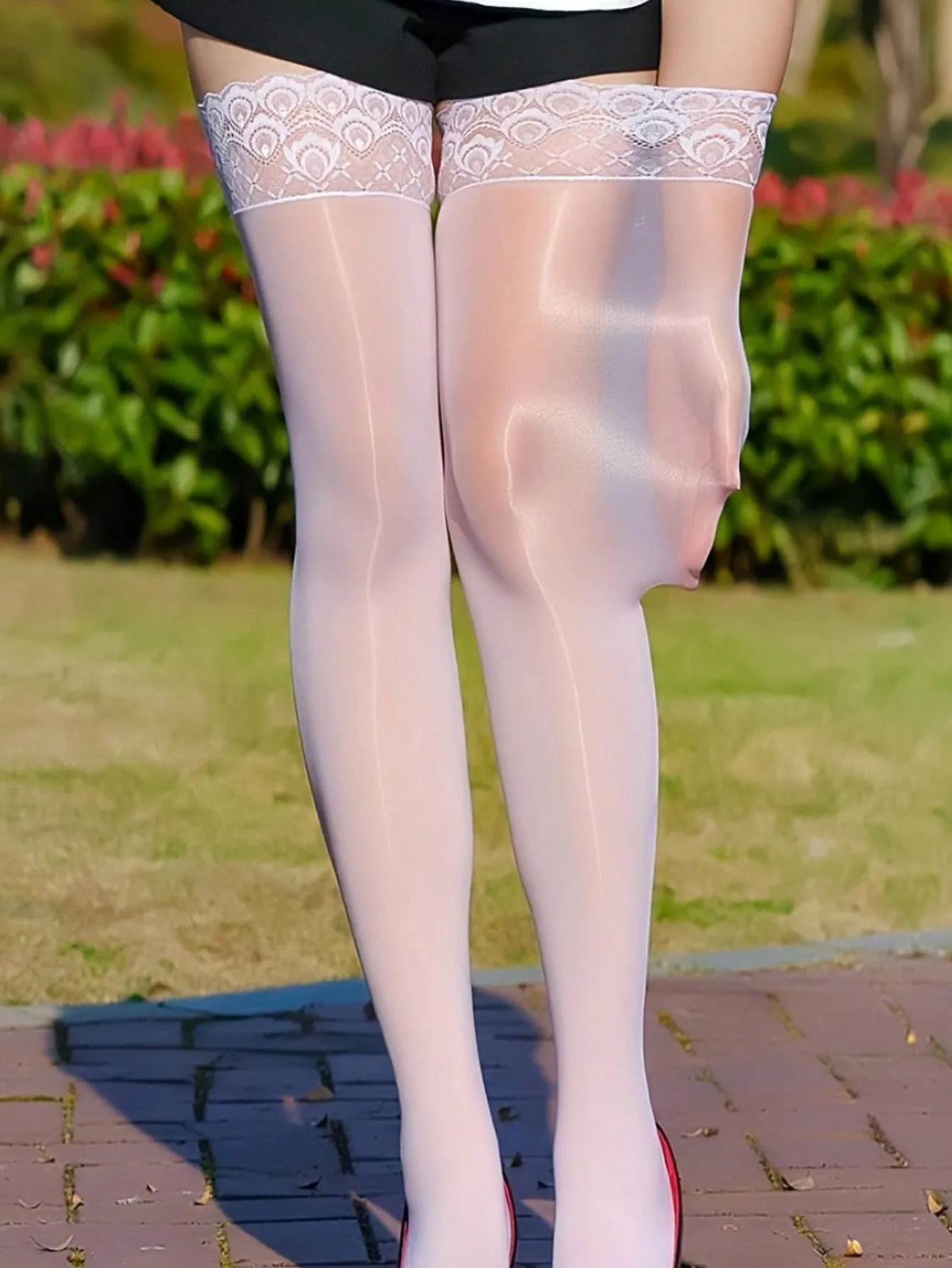 

Women's Sheer Thigh High Stockings with Lace Trim, Glossy Stretchy Design