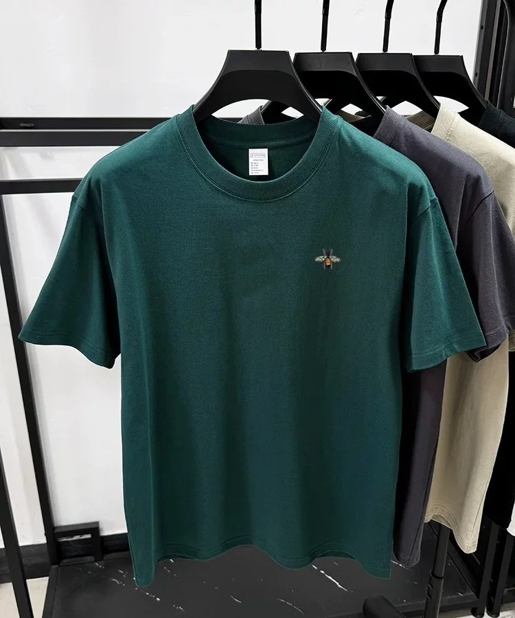 Fashion brand bee embroidery short sleeve T-shirt summer 100% cotton breathable round neck top Korean loose casual men's wear image 6